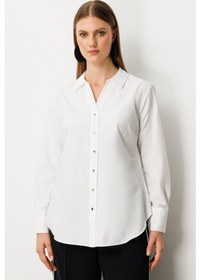 Resim Ekol Kadın Büyük Beden Önü Düğmeli Polo Yaka Gömlek 3549 Ekru Ekru 