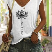 Resim Lotus Baskılı V Yaka Tank Topu, Yaz Ve Bahar Için Kap Kollu Rahat Üst, Kadın Giyim 