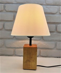 Resim Teak Rengi Ahşap Kütük Ayaklı Açık Krem Kumaş Şapkalı Abajur Kahverengi 