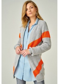 Resim Aqe Fashion Kadın Çizgili Örme Gri & Turuncu Hırka Turuncu 