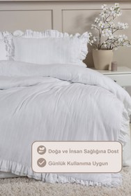 Resim Elart Lotus Nevresim Takımı King Size %100 Pamuk Ranforce Fırfırlı Lastikli Çarşaf (240x220 cm) Beyaz - Beyaz 