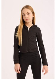 Resim DeFacto Kız Çocuk Kapüşonlu İçi Yumuşak Tüylü Fermuarlı Sweatshirt D9788A825SPBK81 Siyah 