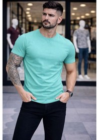Resim Erkek Body Tişört Bisiklet Yaka Slim Fit Likralı T-shirt - Turkuvaz Turkuaz 