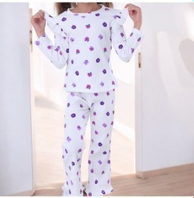 Resim Yeni Sezon Kız Çocuk Fitilli Alt Üst Ekru Üzeri Mor Çiçek Desenli Pijama Takımı Uzun Beyaz - Siyah 
