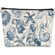 Resim 1pc Retro Su Rengi Deniz Kabuğu Kozmetik Çantası, Plaj Bezi Güneş Kremi İçin, Kokusuz Makyaj Organizer, Kadınlar ve Kızlar İçin İdeal Hediye, Doğum Günü, Havuz ve Yaz Partileri İçin Mükemmel 