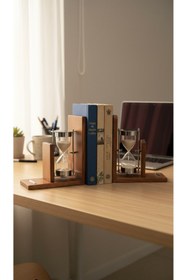 Resim Ahşap Kitap Tutucu 2'li Set Kum Saatli Gümüş Renk Metal Lüks Ofis Kütüphane Kitaplık Desteği 