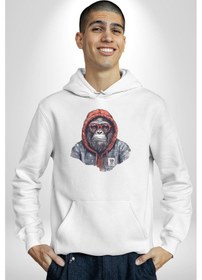 Resim Kırmızı Gözlük Çeket Maymun Kadın Erkek Beyaz Kapüşonlu Sweatshirt Hoodie Beyaz 