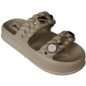 Resim Yazkış Kadın Siyah Krem Yeşil Gri Çift Bantlı Üzeri Taşlı Kauçuk Deniz Plaj Havuz Terlik Krem 