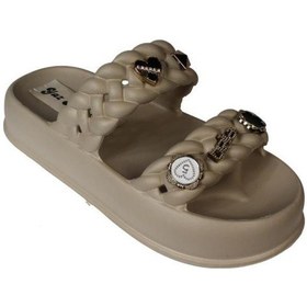 Resim Yazkış Kadın Siyah Krem Yeşil Gri Çift Bantlı Üzeri Taşlı Kauçuk Deniz Plaj Havuz Terlik Krem 