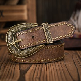 Resim BH Boho-Chic Kabartmalı Boğa Başlı Tokalı Kemer - Vintage Kahverengi PU ile Perçin Detayı, Erkek & Kadın için Alaşım Toka 