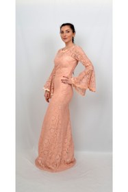 Resim ALİS DRESS Kadın Somon Rengi Kolları Volanlı Simli Dantel Tesettür Ucuz Abiye 