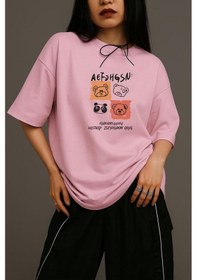Resim Ayıcık Baskılı Unisex Oversize Tişört Pembe 