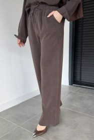 Resim Bel Lastikli Tensel Kumaş Tesettür Pantolon Kahve TZL-P-00021265 