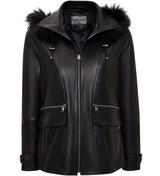 Resim Chantal Women's Black Hooded Fur Oversize Leather Coat Derimod