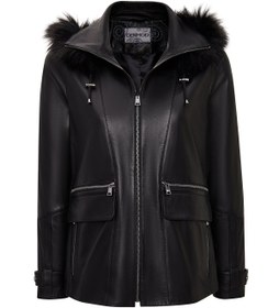 Resim Chantal Women's Black Hooded Fur Oversize Leather Coat 