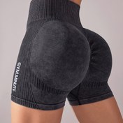 Resim Kadın Moda Yünlü Yüksek Bel Yoga Şort, Poliamid ve Elastan Karışımı, Orta Esneklik, Alfabe Deseni, Kısa Uzunluk, Lastikli Bel ile, Tüm Mevsimler için, Fitness ve Spor için İdeal 