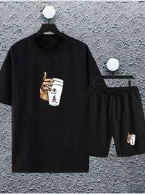 Resim macklin Erkek Bardak El Japon Yazı Baskılı Oversize Tshirt Ve Şort Eşofman Takımı 
