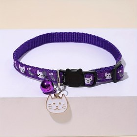 Resim Sevimli Kedi Yüzü Charm ve Güvenlik Tokası ile Ayarlanabilir Boğulma Önleyici Kedi Tasmaları - Mor ve Siyah Karikatür Tasarım, Yavru Kediler ve Kediler için Dayanıklı Polyester, Kedi Güvenlik Tasma | Kaprisli Evcil Hayvan Aksesuarı | Dayanıklı Evcil Hayvan Tasma, Yavru Kedi Tasma 