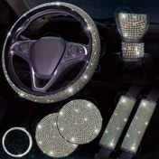 Resim Elmas Direksiyon Kılıfı, Parıldayan Taşlı Emniyet Kemeri ve Vites Kılıfı Kapakları, Bardak Altlıkları ile 7 Parça Bling Araba İç Aksesuar Seti - Polyester Fiber Lüks Kombin Paketi 