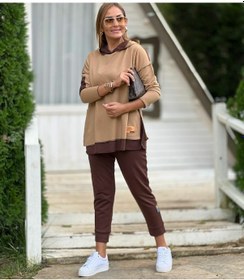 Resim Kadın Kahve Kapşonlu Etek Ucu Detay Arma Ters Dikiş Gorunumlu Iki Sütlü Kahve 