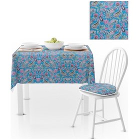 Resim Şal Desenli Mavi Fulya Kadife Dokulu 140x180 Masa Örtüsü 