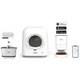 Resim Xenon Smart Akıllı Kedi Tuvaleti 4 LT Hazneli Mama Kabı Akıllı Bataryalı Su Pınarı ve Yedek Filtre Pet Seti 