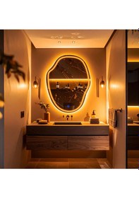 Resim Zelvora Amber Led'li Lazer Kumlamalı Lavabo & Banyo Aynası Dokunmatik Sensörlü 90 X 70 Cm Turuncu 