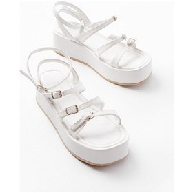 Resim 861-1222 Beyaz Tokalı Bilekten Bağlamalı Dolgu Kadın Sandalet Altın - Taba 