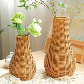 Resim 1 adet Rustik Taklit Rattan Vazo - Plastik Dokuma Uzun Zemin Vazo Ev, Balkon, Bahçe Dekorasyonu İçin - Çok Amaçlı Büyük Dekoratif Çiçek Düzenleme Kabı, Raf Sepetleri 