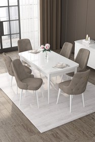 Resim Canisa Nex Serisi 80x132 Açılabilir Mdf Beyaz Mutfak Masası Ve 6 Cappucino Sandalye 