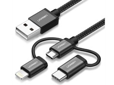 Resim 3 in 1 iOS Lightning Type-C Micro USB Şarj ve Data Kablosu Siyah Ugreen