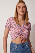 Resim Happiness İstanbul Kadın Pembe Çiçekli Büzgülü Crop Örme Bluz UB00086 