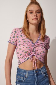 Resim Happiness İstanbul Kadın Pembe Çiçekli Büzgülü Crop Örme Bluz UB00086 