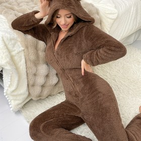 Resim Kadınlar İçin Şık Kapüşonlu Tek Parça Pijama - Kalın Polar Tam Fermuarla Kahverengi Jumpsuit, Ayak ve Patika Kol Detaylı Her Mevsim Rahat Gecelik, Çiftlik Yumuşacık ile Sıcak, önü fermuar kapşonsuz klas ticari desenli yıl boyunca konfor ihtiyaca uygun mavi renkli şekillendirme 