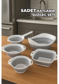 Resim 5'li Akordiyon Süzgeç Seti - Pirinç, Oval, Yuvarlak, Saplı, Kare Süzgeç - Katlanır Süzgeç Seti Beyaz - Gri 