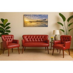 Resim Azra Mobilya Kırmızı Deri Chester Tarz Koltuk Takımı Modern Tasarım, Dayanıklı Ahşap Ayaklı Oturma Grubu 2+1+1 Kırmızı 