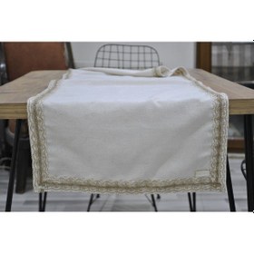 Resim Dnc Home Tekstil Ndchome Özel Tasarım Organik Keten Krem Kum Rengi Dantelli Runner Masa Örtüsü 45 X 150 Krem 