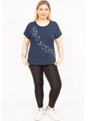 Resim Kadın Lacivert Büyük Beden Pamuklu Kumaş Ön Desenli Bluz 65n35767-lacivert Lacivert 