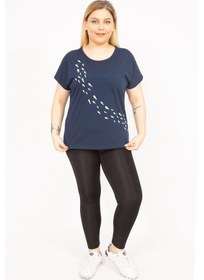 Resim Kadın Lacivert Büyük Beden Pamuklu Kumaş Ön Desenli Bluz 65n35767-lacivert Lacivert 