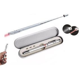 Resim Metal Kutulu Kırmızı Lazerli, LED Işıklı Mıknatıslı Pointer Kalemi Işaretçi Uzayabilen Sunum Çubuğu Teleskopik Metal Tükenmez Kalem (PRS-1521G) 