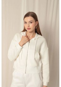 Resim Üç İplik Fermuarlı Kapüşonlu Kısa Ekru Sweat Çok Renkli 