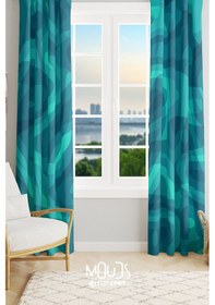 Resim Açık Mavi Dalga Desenli Süet Oturma Odası, Salon Fon Perde Baskılı Ekstrafor Büzgü 2 Kanat Prd-1002 Çok Renkli 