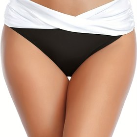 Resim Criss Cross Ruched Yüzücü Külotları, Yüksek Esneklikli Şık Düz veya Renk Bloklu Bikini Altı, Kadınlar Yüzücü Giyim & Giyim 