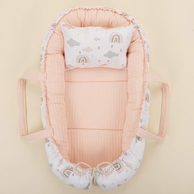 Resim Babynest ve Yastık - Çift Taraflı - Somon Örgü - Yeşil Gökkuşağı 