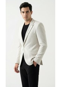 Resim Plus Scorpion Erkek Karyağdı Desenli Slim Fit Blazer Ceket Siyah & Bej Şık Günlük Ve Ofis Kombin Bej 