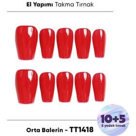 Resim 15'li Kırmızı Orta Balerin Tt1418 Tekrar Kullanılabilir El Yapımı Protez Takma Tırnak L 