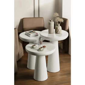 Resim Wood Ahşap Beyaz 3lü Set Mantar Yan Sehpa Fiskos Çiçeklik Decorative 