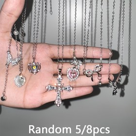 Resim Rastgele 5/8 adet Zarif ve İnci Y2K Tarzı Yay Kiraz Kalp Çapraz Taşlı Kolye Kadın Moda Hediye Günlük Kolye Seti 