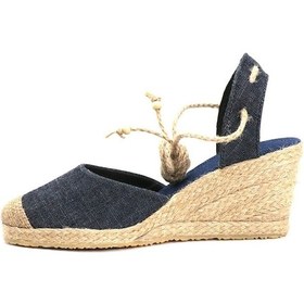 Resim Gerçek Elişi Topuğu Açık Bilekten Bağlamalı Bej Dolgu Topuk Keten Hasır Espadril Handmade Mavi 