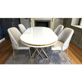 Resim Msy Home 4 Kişilik Ada Gold Serisi İroni Masa Yönsüz Kumaş Lüks Ve Modern Yemek Odası Takımı Krem 